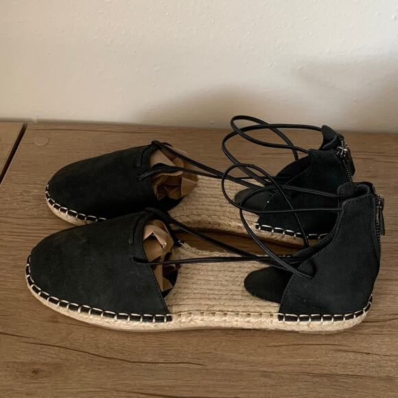Eileen Fisher Flats Lace Leather Espadrille Closed Toe Strappy Black 8 US Jute - Picture 1 of 12